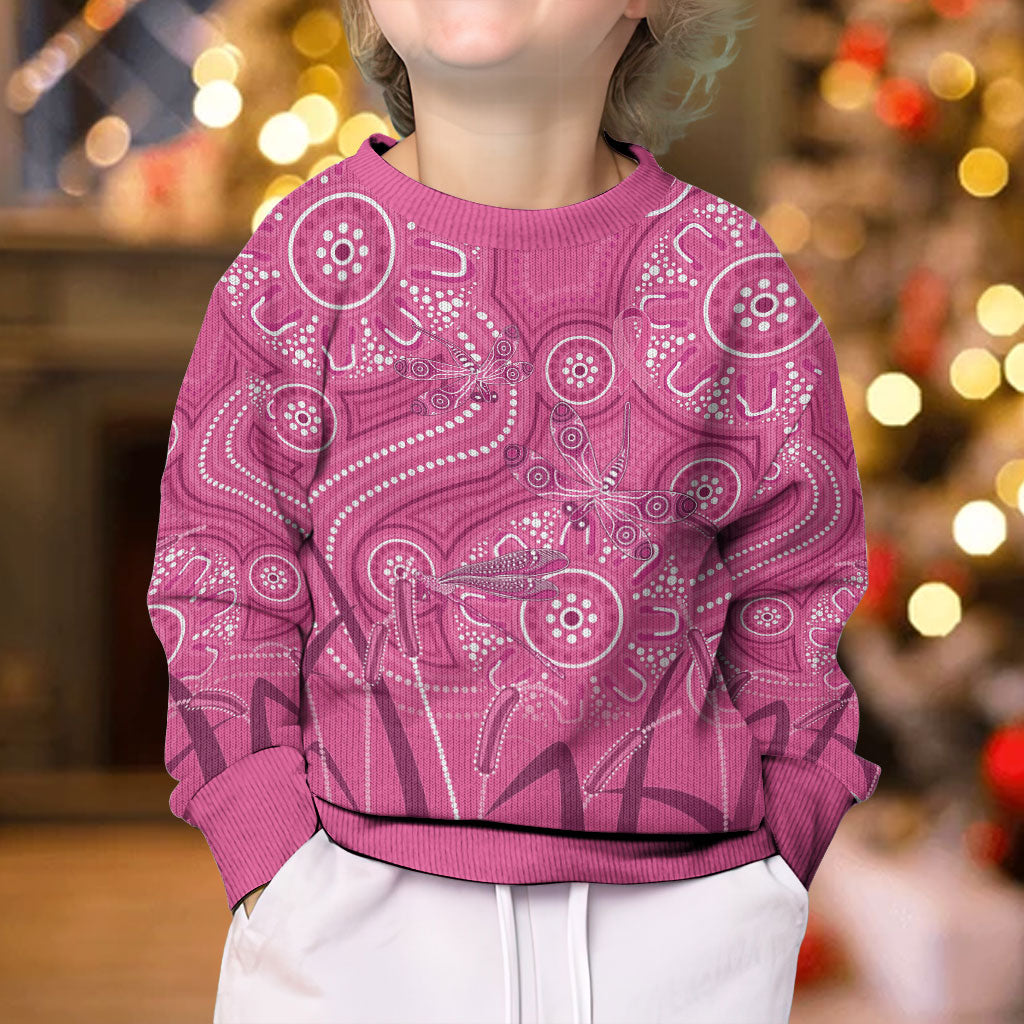 Australia Indigenous Pink Month Kid Ugly Christmas Sweater Breast Cancer Aboriginal Dragonflies Ribbon