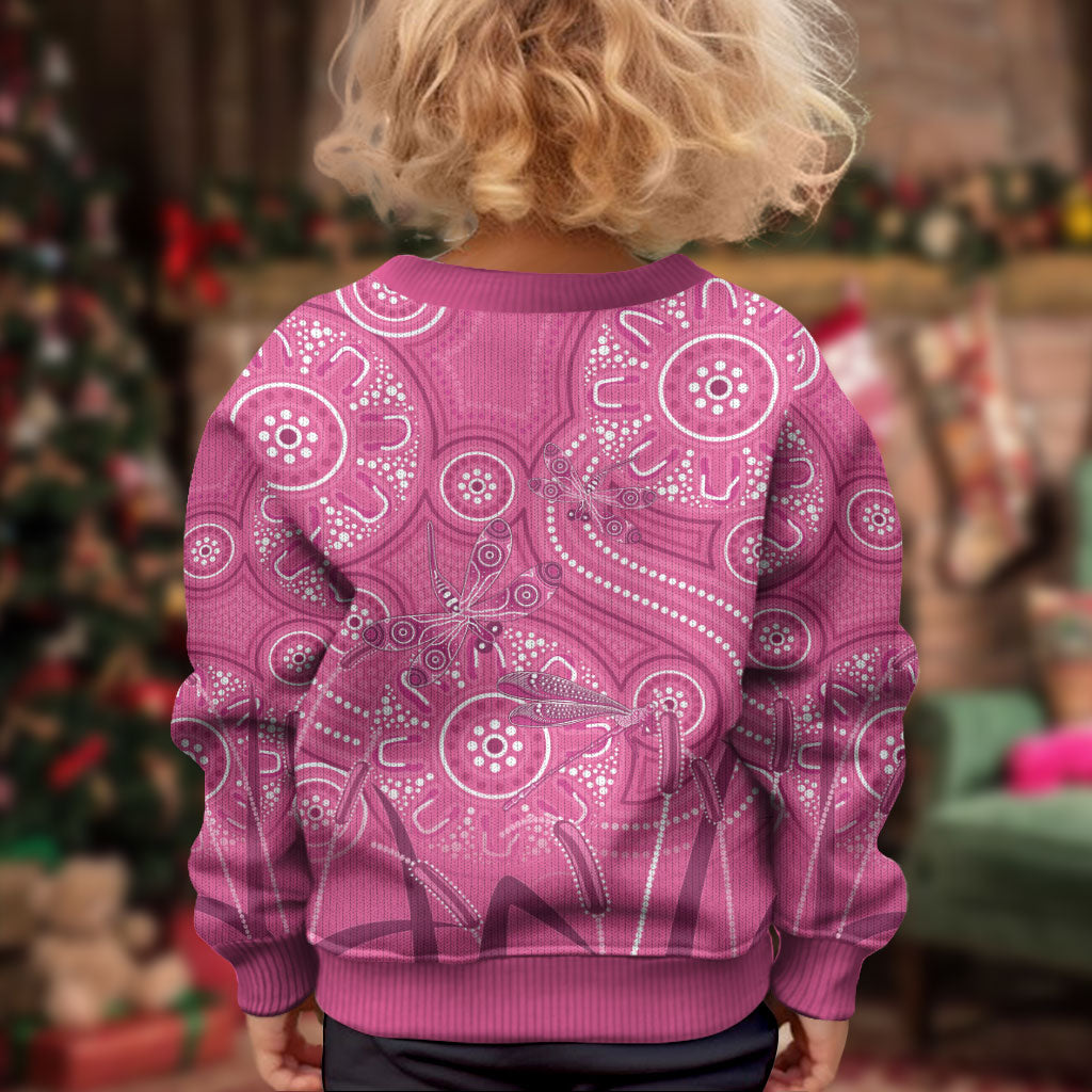 Australia Indigenous Pink Month Kid Ugly Christmas Sweater Breast Cancer Aboriginal Dragonflies Ribbon
