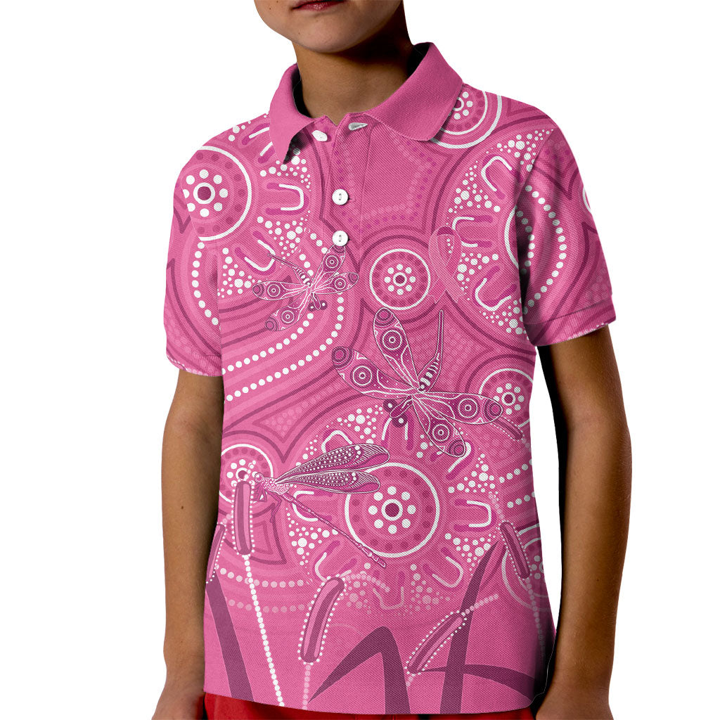 Australia Indigenous Pink Month Kid Polo Shirt Breast Cancer Aboriginal Dragonflies Ribbon
