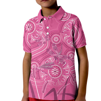 Australia Indigenous Pink Month Kid Polo Shirt Breast Cancer Aboriginal Dragonflies Ribbon