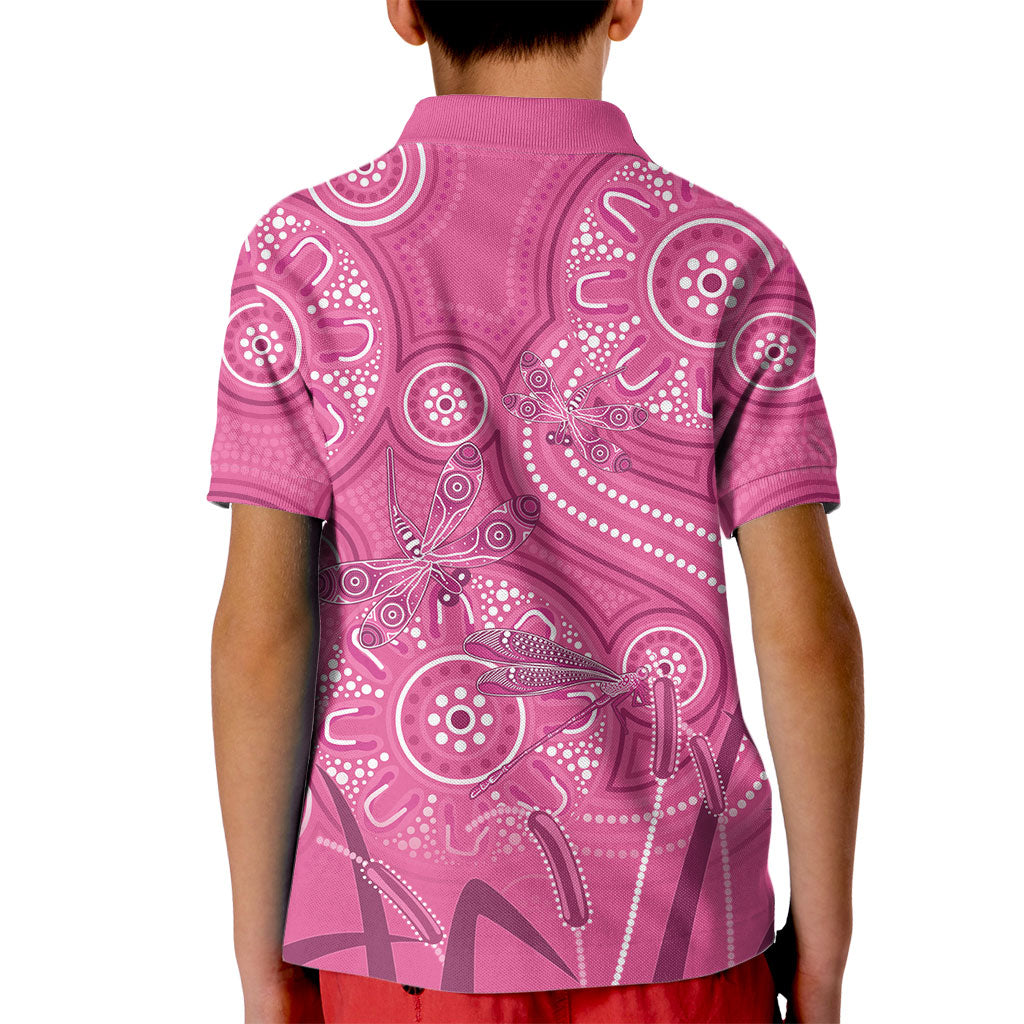 Australia Indigenous Pink Month Kid Polo Shirt Breast Cancer Aboriginal Dragonflies Ribbon