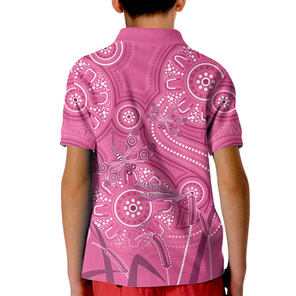 Australia Indigenous Pink Month Kid Polo Shirt Breast Cancer Aboriginal Dragonflies Ribbon