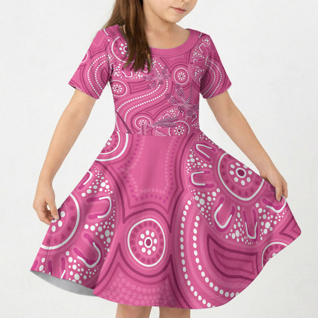 Australia Indigenous Pink Month Kid Short Sleeve Dress Breast Cancer Aboriginal Dragonflies Ribbon