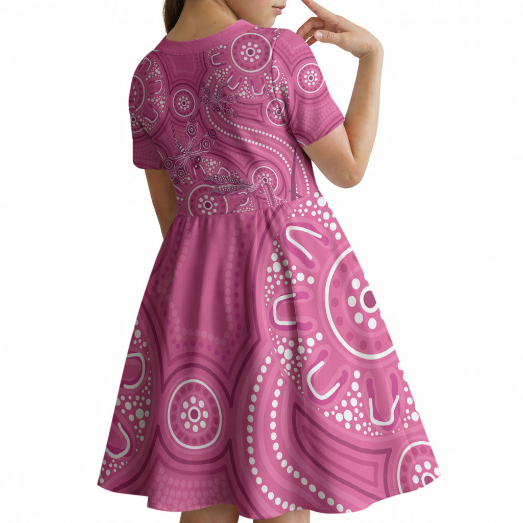 Australia Indigenous Pink Month Kid Short Sleeve Dress Breast Cancer Aboriginal Dragonflies Ribbon