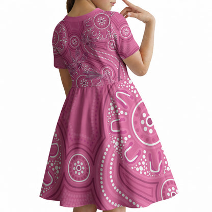 Australia Indigenous Pink Month Kid Short Sleeve Dress Breast Cancer Aboriginal Dragonflies Ribbon