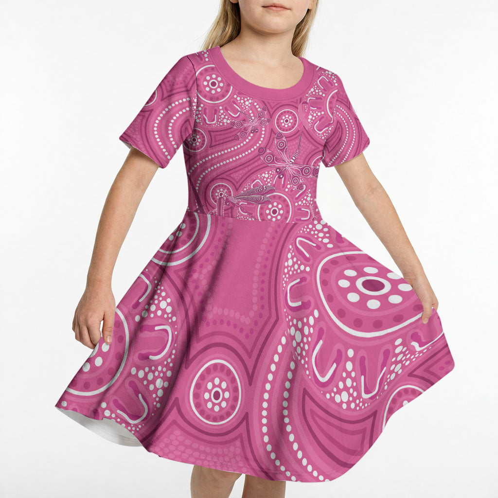 Australia Indigenous Pink Month Kid Short Sleeve Dress Breast Cancer Aboriginal Dragonflies Ribbon