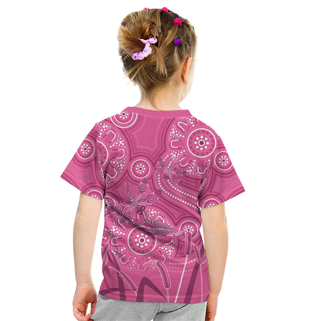 Australia Indigenous Pink Month Kid T Shirt Breast Cancer Aboriginal Dragonflies Ribbon