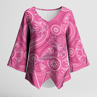 Australia Indigenous Pink Month Kimono Sleeve Blouse Breast Cancer Aboriginal Dragonflies Ribbon