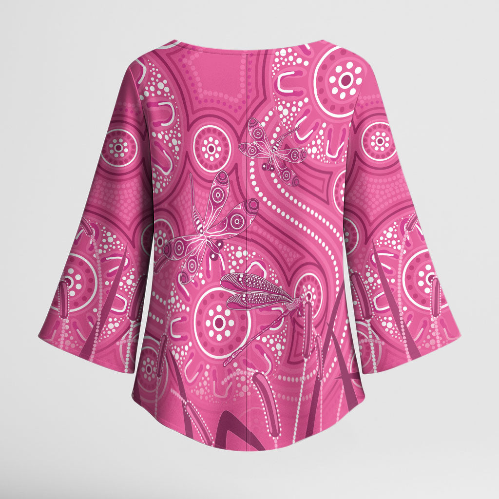 Australia Indigenous Pink Month Kimono Sleeve Blouse Breast Cancer Aboriginal Dragonflies Ribbon