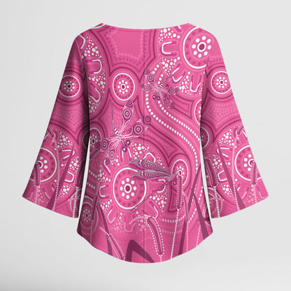 Australia Indigenous Pink Month Kimono Sleeve Blouse Breast Cancer Aboriginal Dragonflies Ribbon