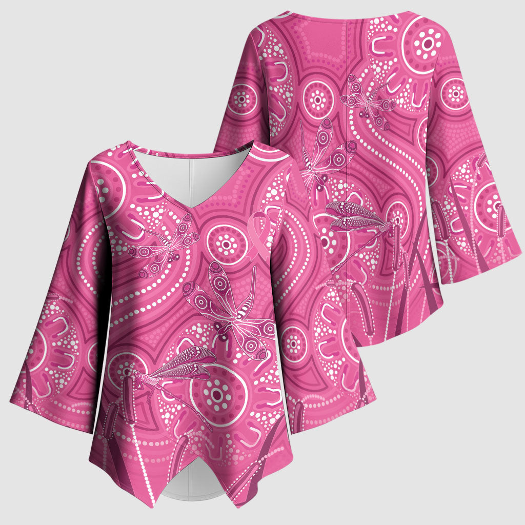 Australia Indigenous Pink Month Kimono Sleeve Blouse Breast Cancer Aboriginal Dragonflies Ribbon
