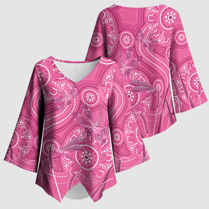 Australia Indigenous Pink Month Kimono Sleeve Blouse Breast Cancer Aboriginal Dragonflies Ribbon