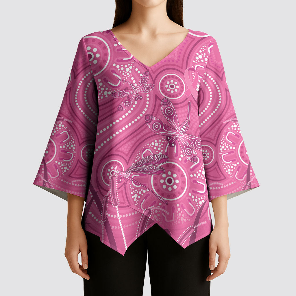 Australia Indigenous Pink Month Kimono Sleeve Blouse Breast Cancer Aboriginal Dragonflies Ribbon