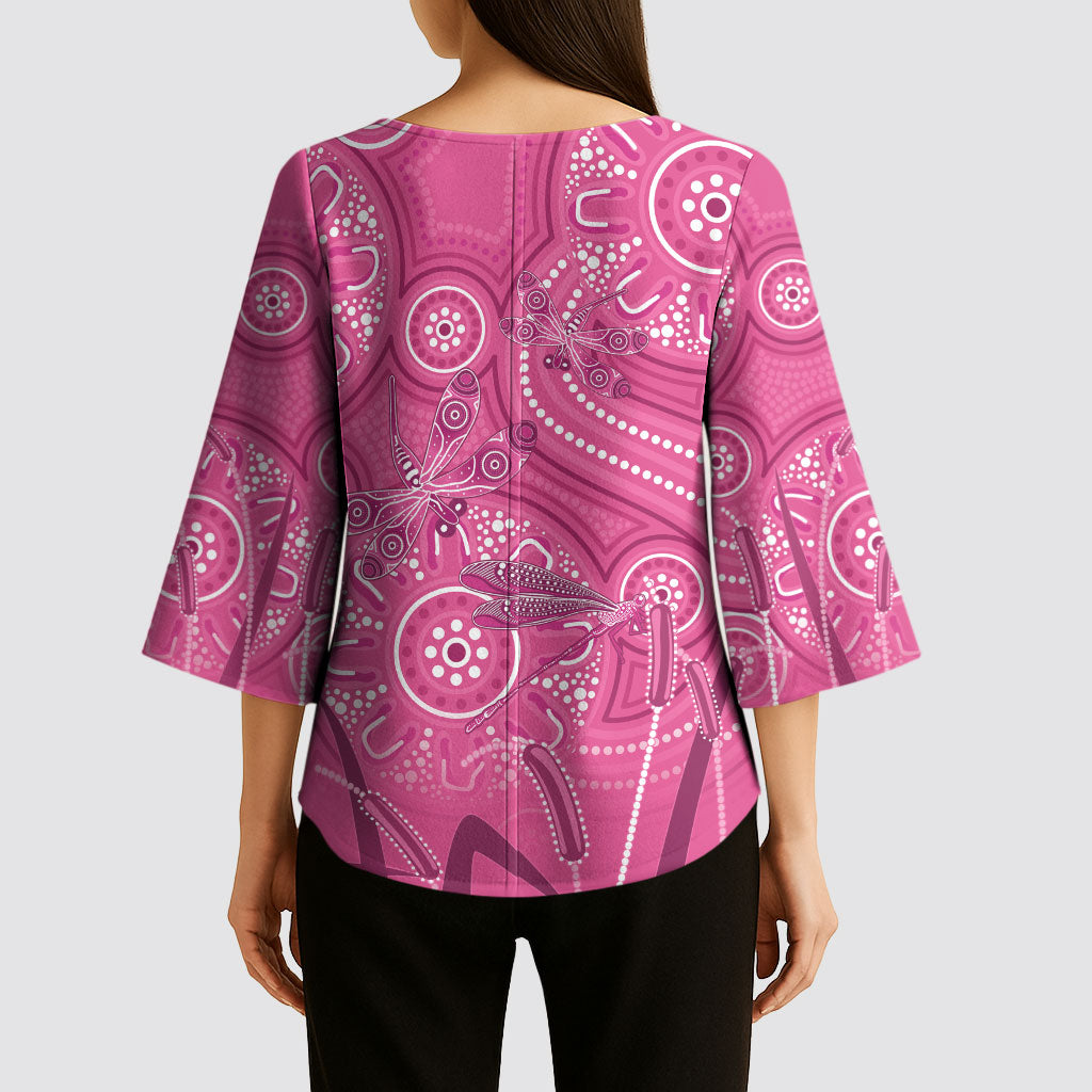 Australia Indigenous Pink Month Kimono Sleeve Blouse Breast Cancer Aboriginal Dragonflies Ribbon