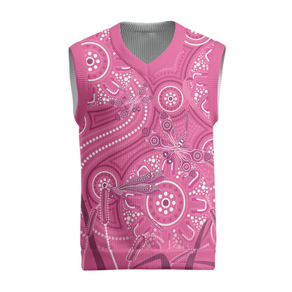 Australia Indigenous Pink Month Christmas Knitted V-Neck Vest Breast Cancer Aboriginal Dragonflies Ribbon