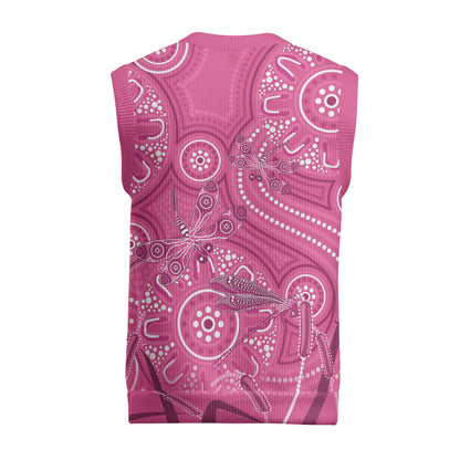 Australia Indigenous Pink Month Christmas Knitted V-Neck Vest Breast Cancer Aboriginal Dragonflies Ribbon