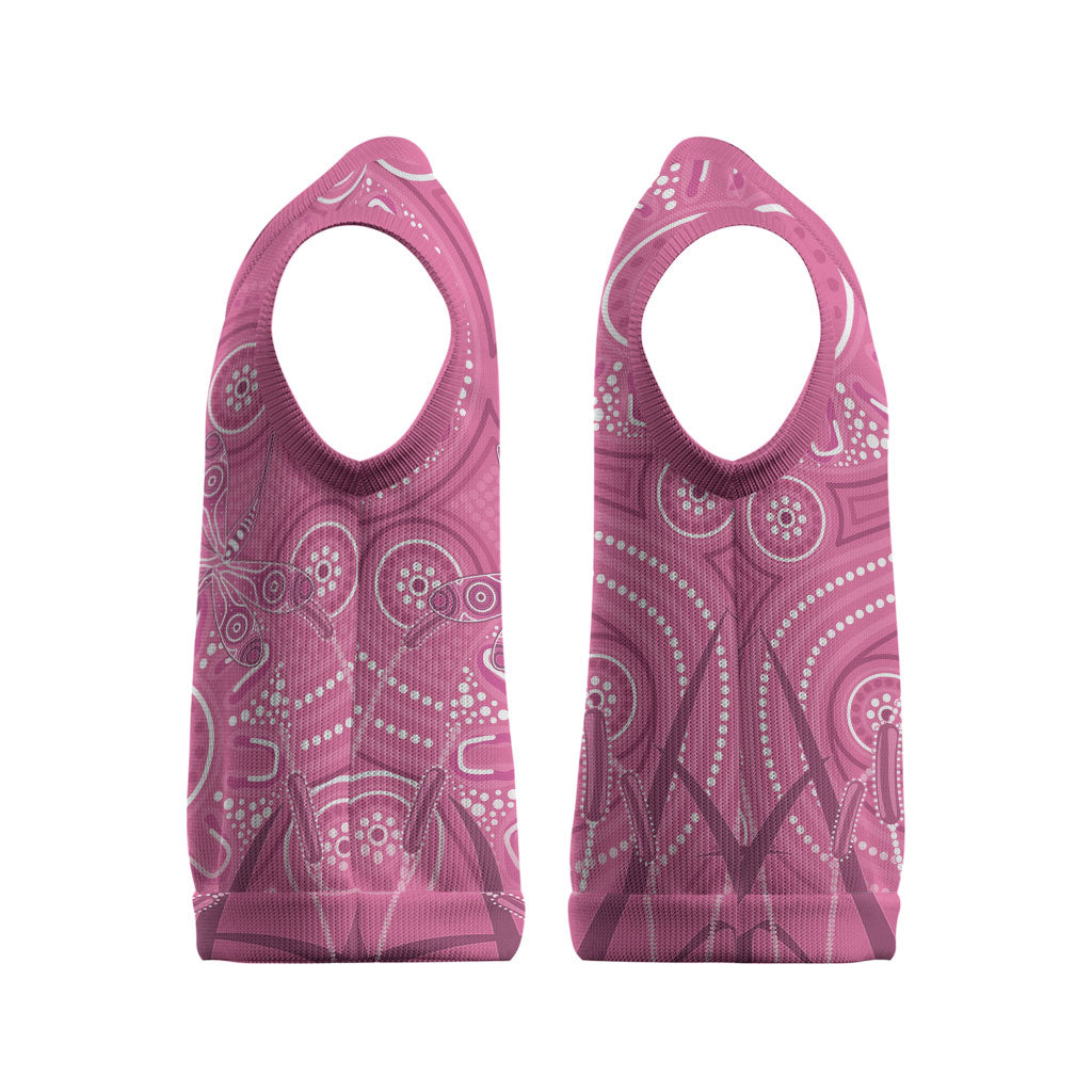 Australia Indigenous Pink Month Christmas Knitted V-Neck Vest Breast Cancer Aboriginal Dragonflies Ribbon