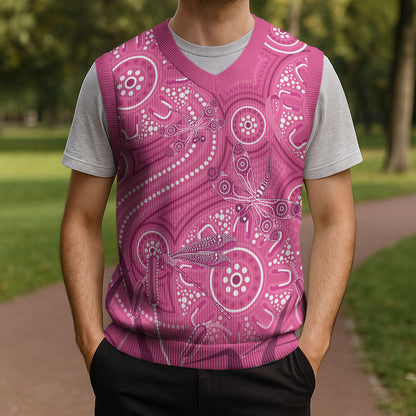 Australia Indigenous Pink Month Christmas Knitted V-Neck Vest Breast Cancer Aboriginal Dragonflies Ribbon