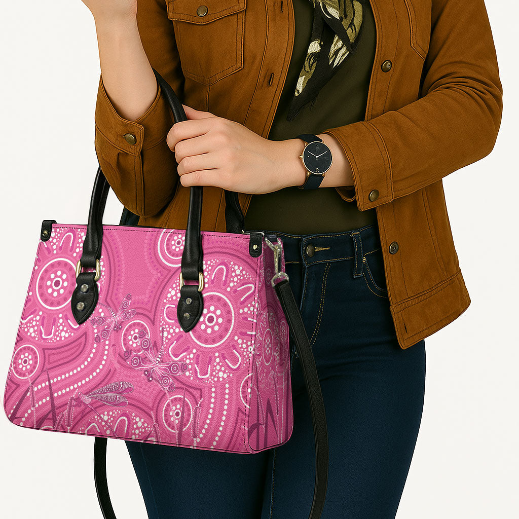 Australia Indigenous Pink Month Leather Bag Breast Cancer Aboriginal Dragonflies Ribbon