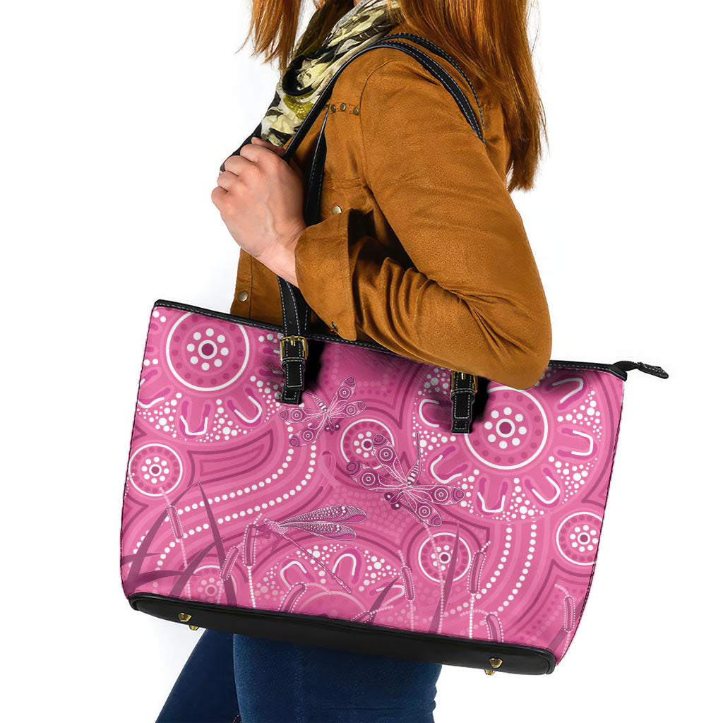 Australia Indigenous Pink Month Leather Tote Bag Breast Cancer Aboriginal Dragonflies Ribbon