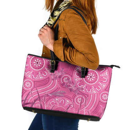 Australia Indigenous Pink Month Leather Tote Bag Breast Cancer Aboriginal Dragonflies Ribbon