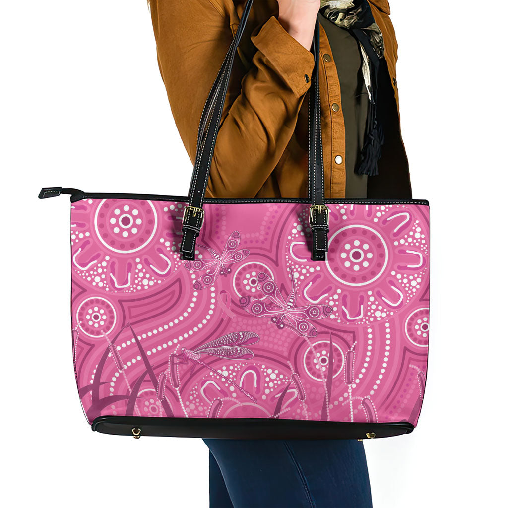 Australia Indigenous Pink Month Leather Tote Bag Breast Cancer Aboriginal Dragonflies Ribbon