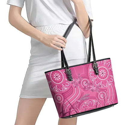 Australia Indigenous Pink Month Leather Tote Bag Breast Cancer Aboriginal Dragonflies Ribbon