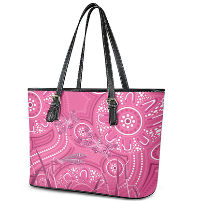 Australia Indigenous Pink Month Leather Tote Bag Breast Cancer Aboriginal Dragonflies Ribbon