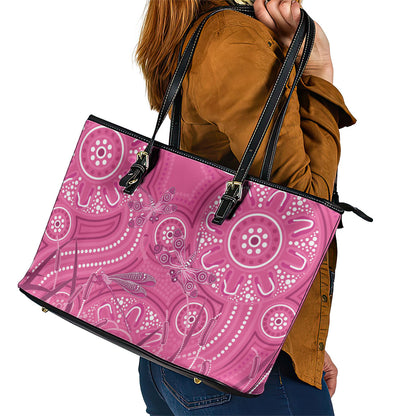 Australia Indigenous Pink Month Leather Tote Bag Breast Cancer Aboriginal Dragonflies Ribbon