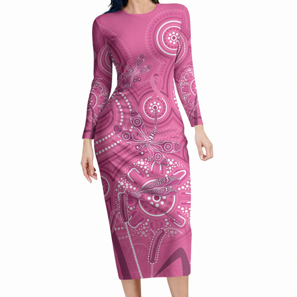 Australia Indigenous Pink Month Long Sleeve Bodycon Dress Breast Cancer Aboriginal Dragonflies Ribbon