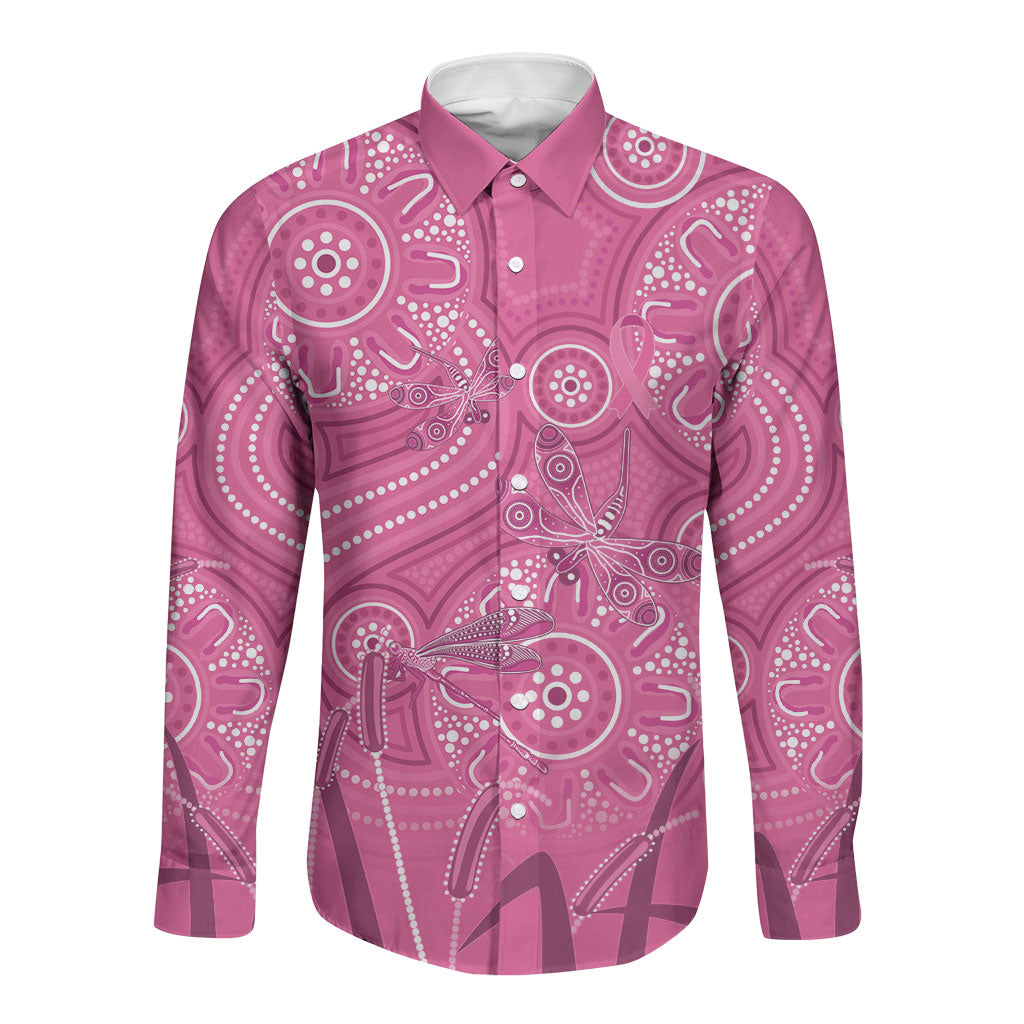 Australia Indigenous Pink Month Long Sleeve Button Shirt Breast Cancer Aboriginal Dragonflies Ribbon