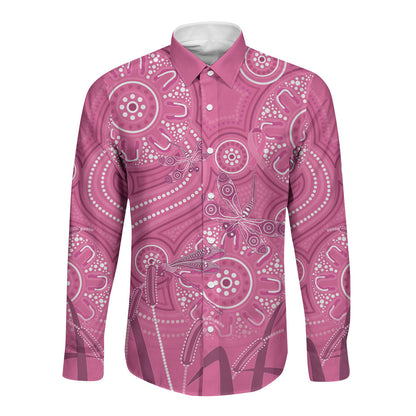 Australia Indigenous Pink Month Long Sleeve Button Shirt Breast Cancer Aboriginal Dragonflies Ribbon