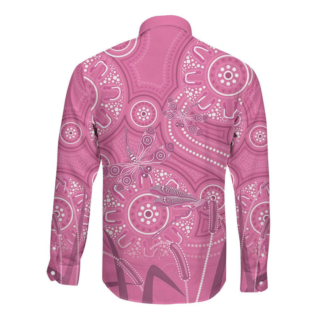 Australia Indigenous Pink Month Long Sleeve Button Shirt Breast Cancer Aboriginal Dragonflies Ribbon