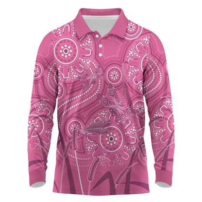 Australia Indigenous Pink Month Long Sleeve Polo Shirt Breast Cancer Aboriginal Dragonflies Ribbon