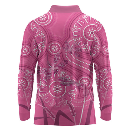 Australia Indigenous Pink Month Long Sleeve Polo Shirt Breast Cancer Aboriginal Dragonflies Ribbon