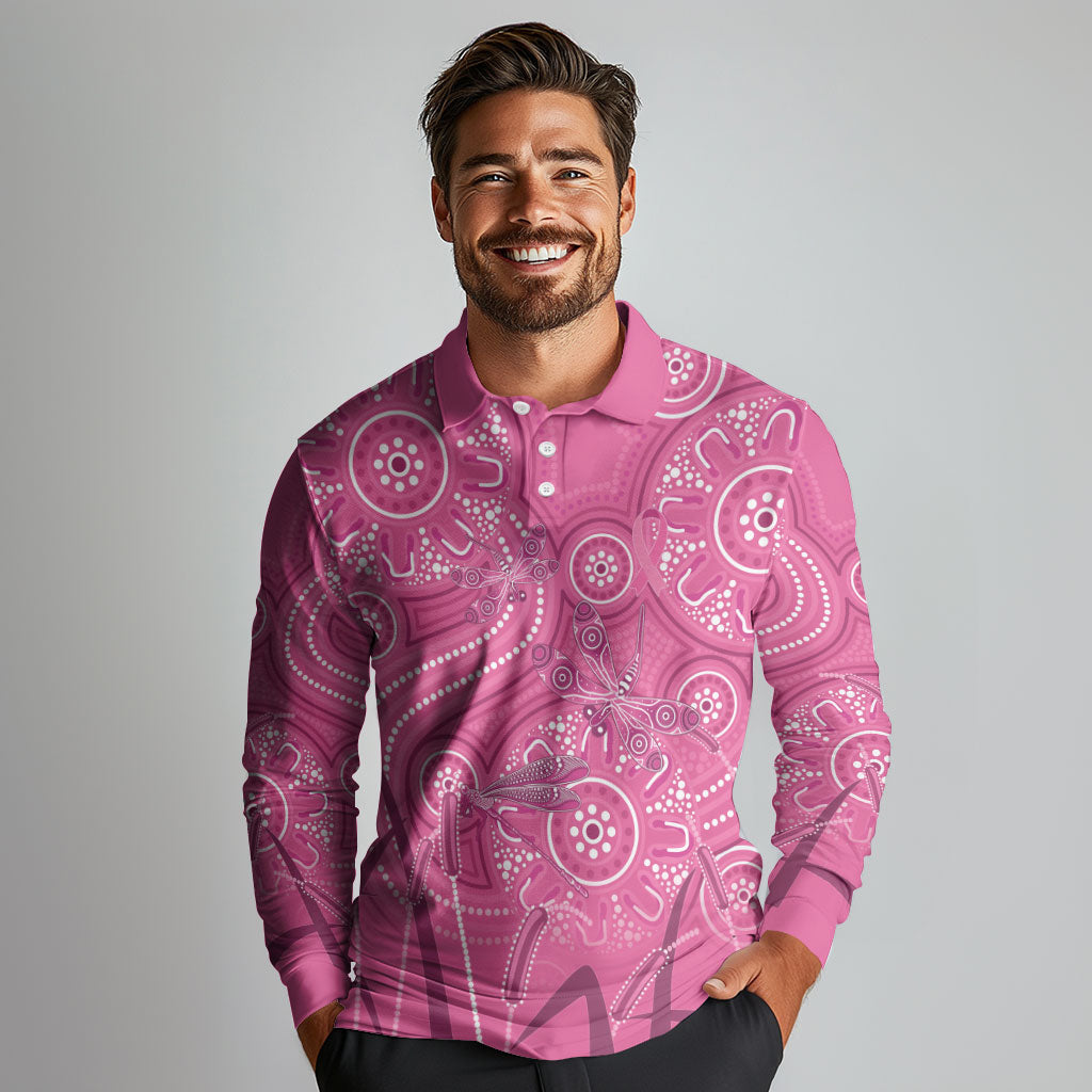 Australia Indigenous Pink Month Long Sleeve Polo Shirt Breast Cancer Aboriginal Dragonflies Ribbon