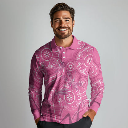 Australia Indigenous Pink Month Long Sleeve Polo Shirt Breast Cancer Aboriginal Dragonflies Ribbon