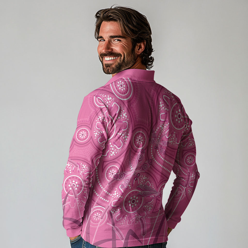 Australia Indigenous Pink Month Long Sleeve Polo Shirt Breast Cancer Aboriginal Dragonflies Ribbon