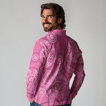 Australia Indigenous Pink Month Long Sleeve Polo Shirt Breast Cancer Aboriginal Dragonflies Ribbon