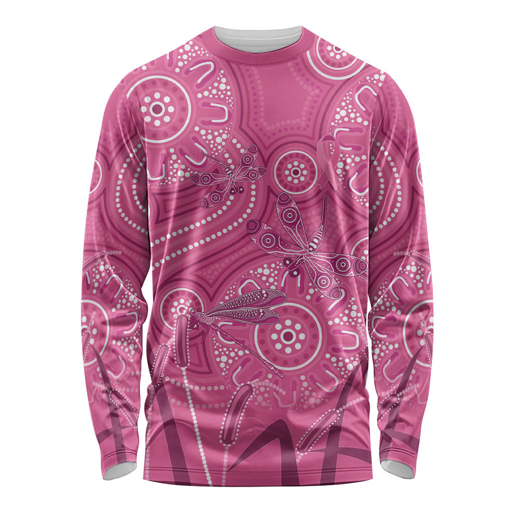 Australia Indigenous Pink Month Long Sleeve Shirt Breast Cancer Aboriginal Dragonflies Ribbon