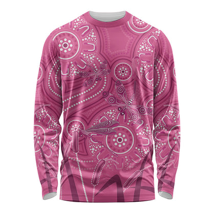 Australia Indigenous Pink Month Long Sleeve Shirt Breast Cancer Aboriginal Dragonflies Ribbon