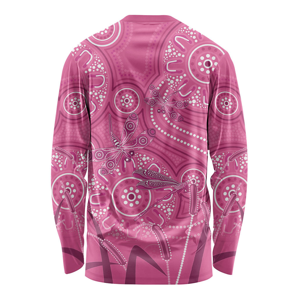 Australia Indigenous Pink Month Long Sleeve Shirt Breast Cancer Aboriginal Dragonflies Ribbon