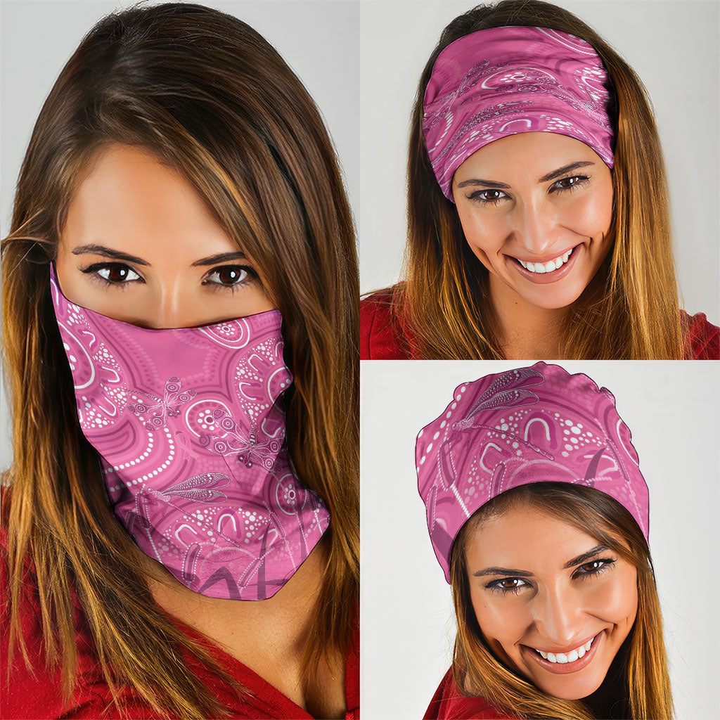 Australia Indigenous Pink Month Neck Gaiter Breast Cancer Aboriginal Dragonflies Ribbon