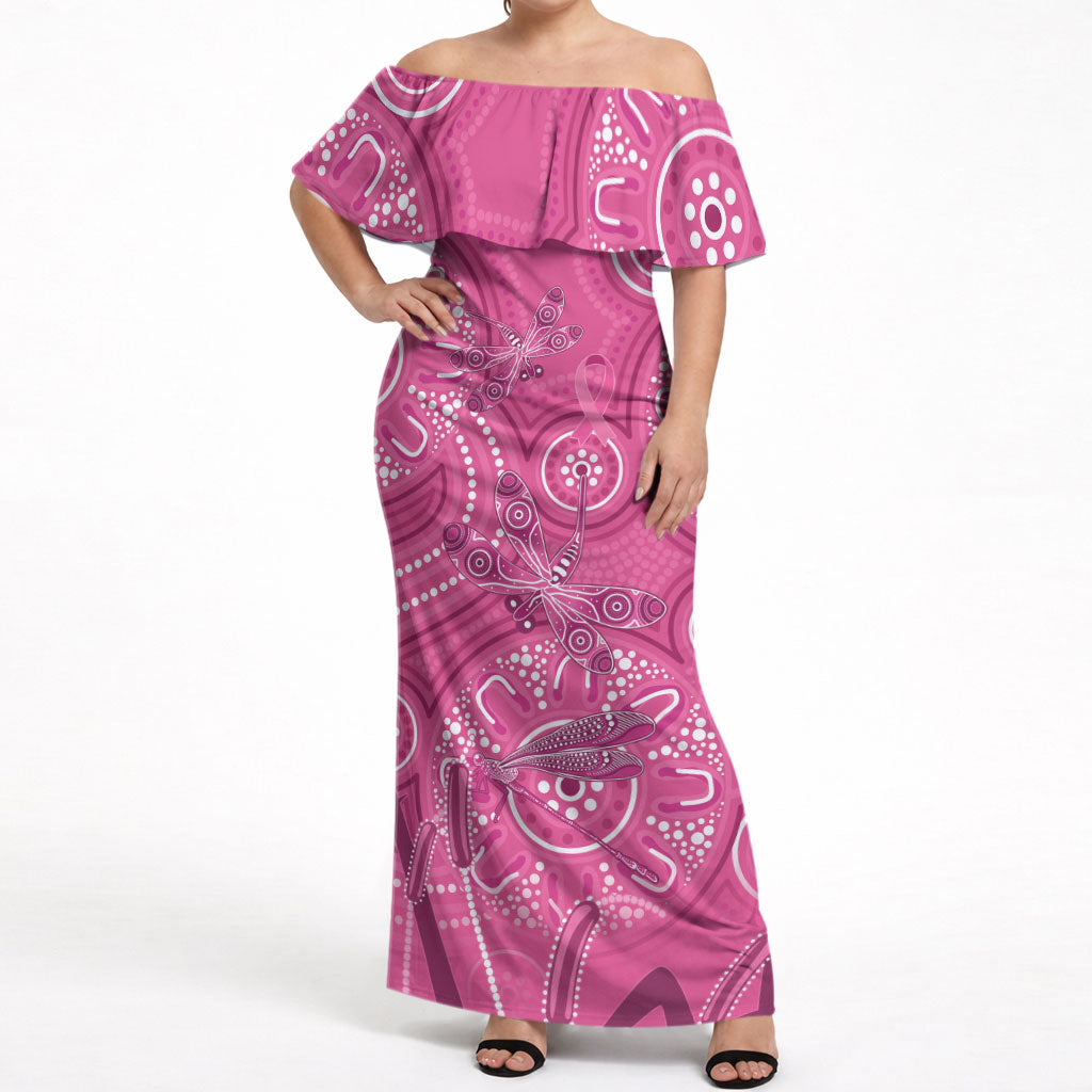 Australia Indigenous Pink Month Off Shoulder Maxi Dress Breast Cancer Aboriginal Dragonflies Ribbon