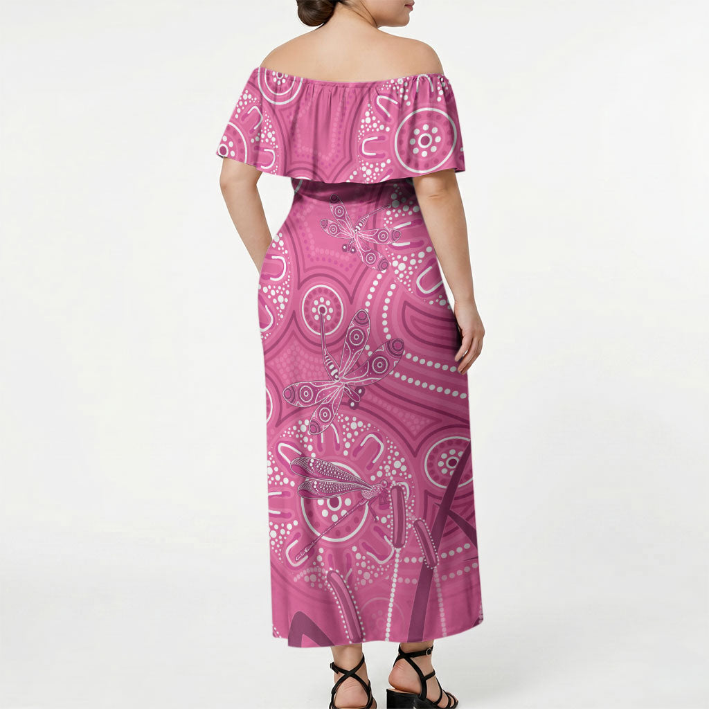 Australia Indigenous Pink Month Off Shoulder Maxi Dress Breast Cancer Aboriginal Dragonflies Ribbon