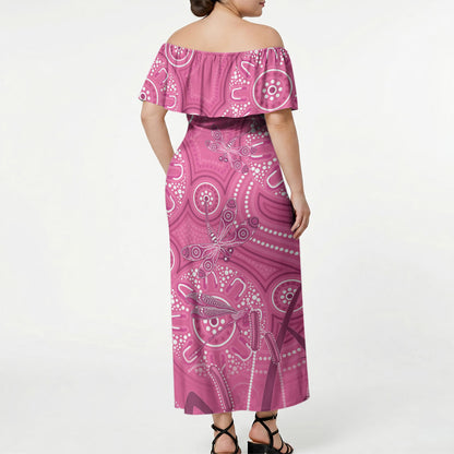 Australia Indigenous Pink Month Off Shoulder Maxi Dress Breast Cancer Aboriginal Dragonflies Ribbon