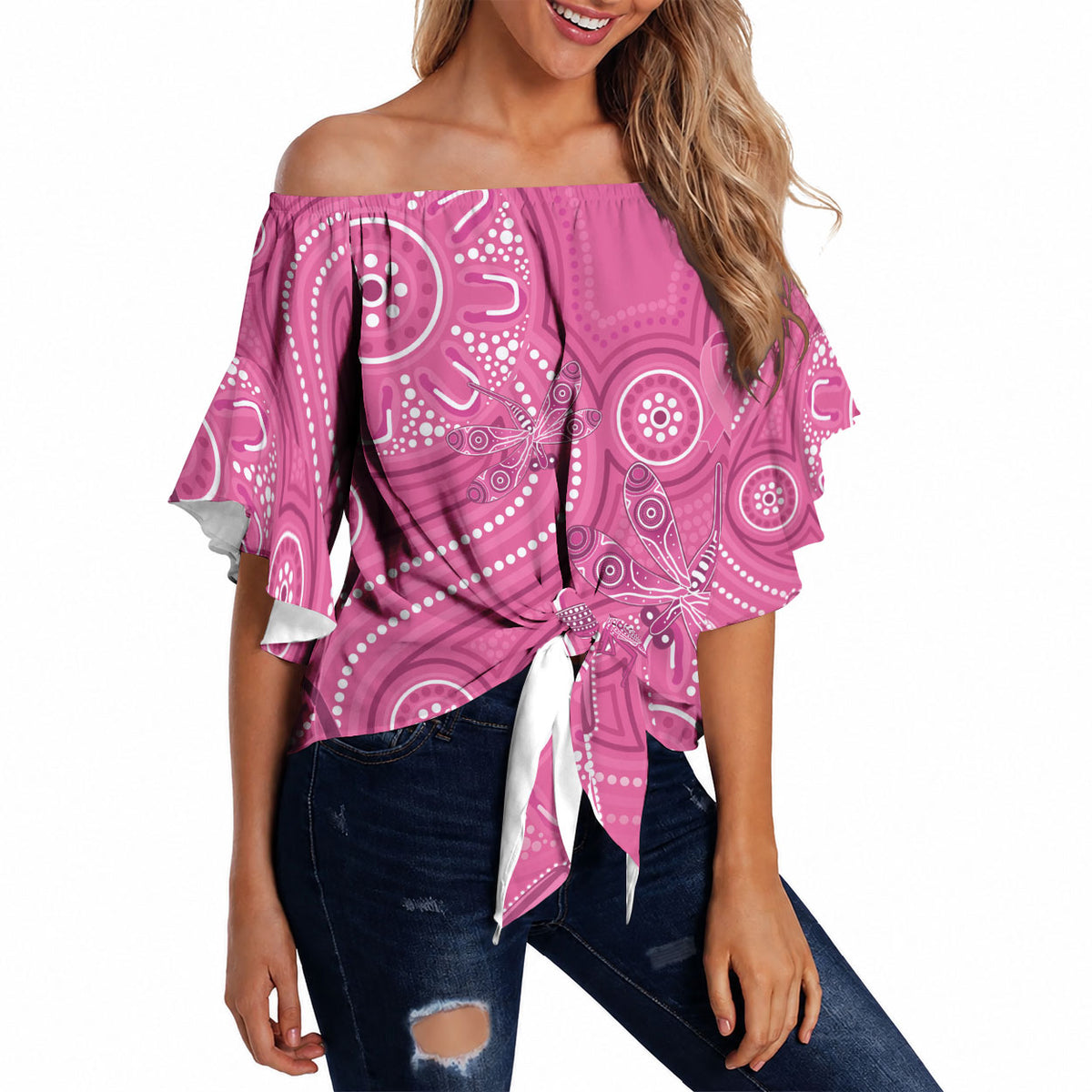 Australia Indigenous Pink Month Off Shoulder Wrap Waist Top Breast Cancer Aboriginal Dragonflies Ribbon