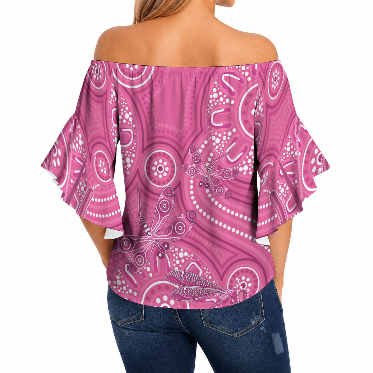 Australia Indigenous Pink Month Off Shoulder Wrap Waist Top Breast Cancer Aboriginal Dragonflies Ribbon