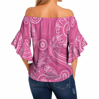 Australia Indigenous Pink Month Off Shoulder Wrap Waist Top Breast Cancer Aboriginal Dragonflies Ribbon