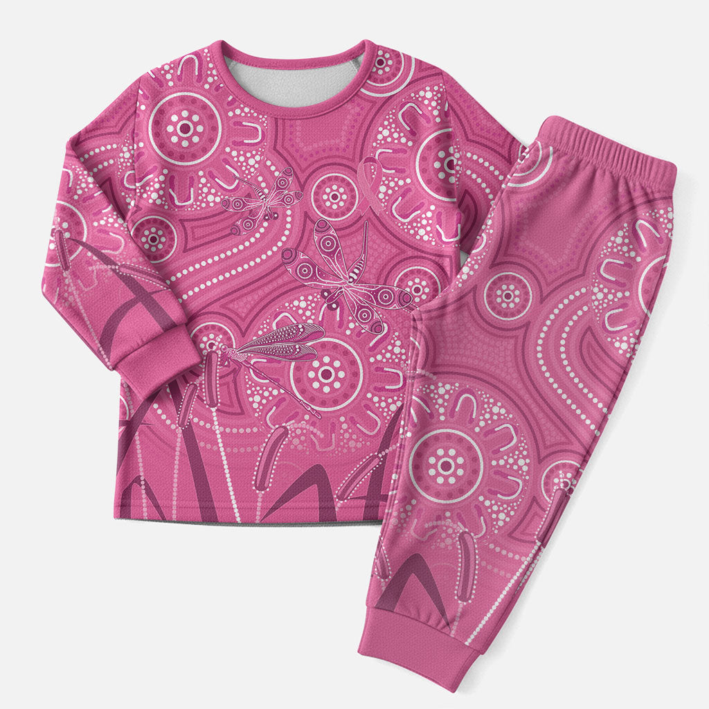Australia Indigenous Pink Month Christmas Pajama Set Breast Cancer Aboriginal Dragonflies Ribbon